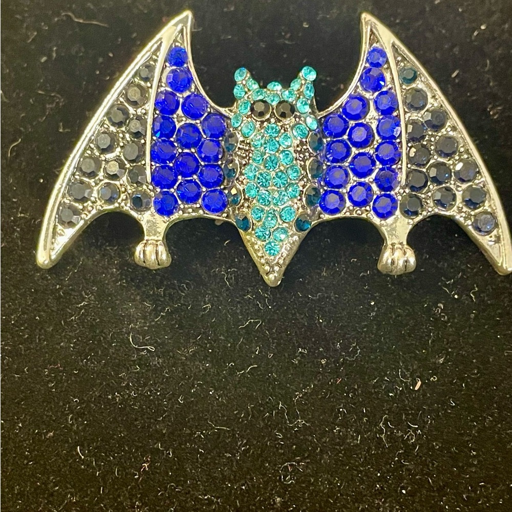 Crystal Rhinestone Silver Tone Bat Brooch Pin. Blue, Black, and Turquoise